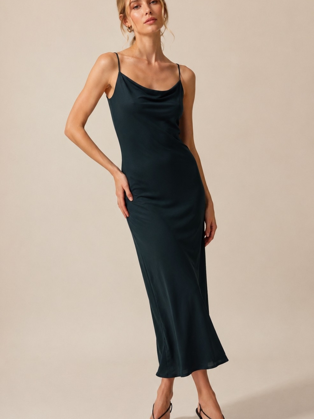 Emerald Green Midi Slip Dress Cowl Neck Quiet Luxury Mininalist 90s Old Money
